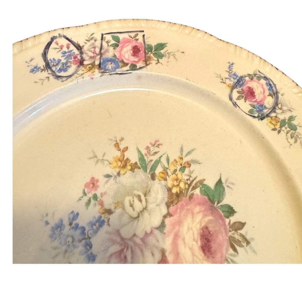 Homer Laughlin Floral Broken China  Square Pendant with Rhinestones Necklace - Picture 13 of 15